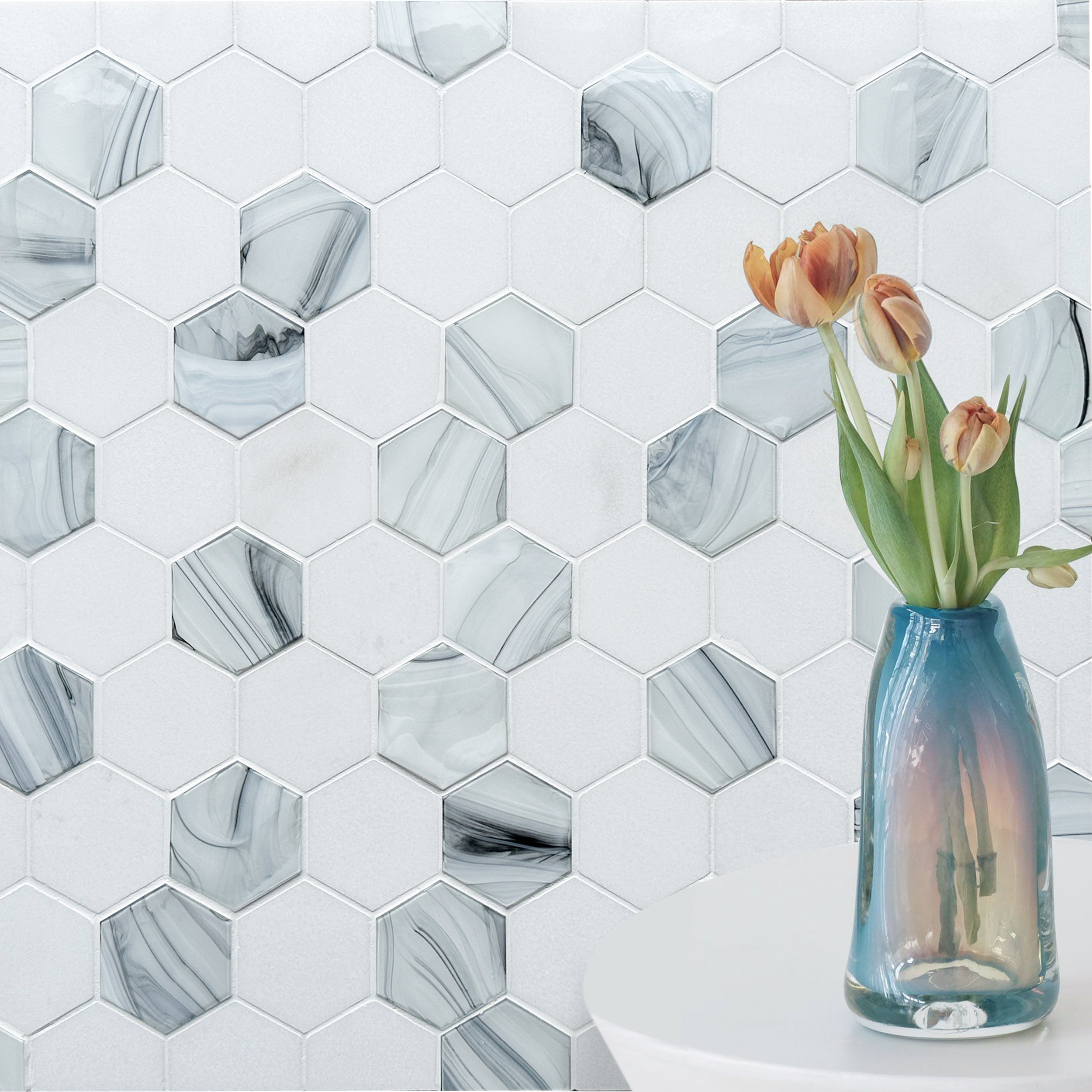 Marble & Hot Glass Mixed Hexagon Mosaic 001374