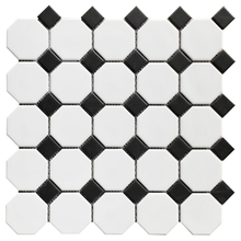 Satin Glazed White + Satin Black Octagon Porcelain Mosaic 000722
