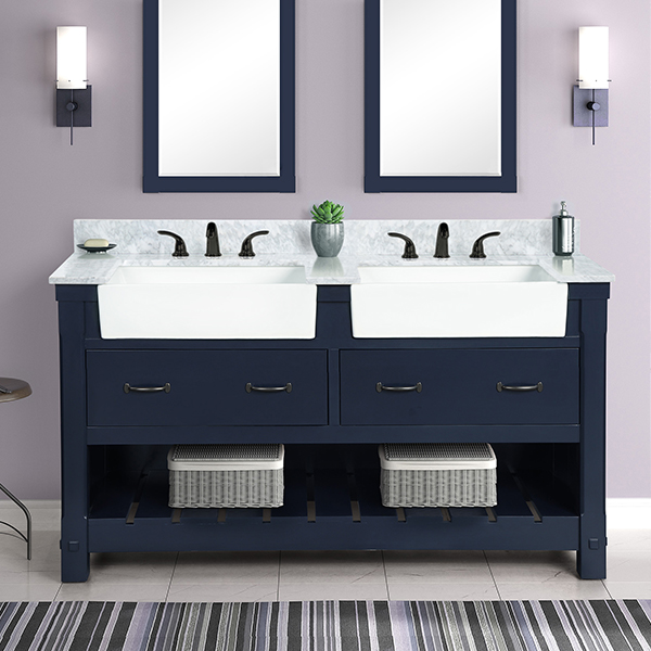 Farmington 60-in Vanity Combo in Navy Blue with 1in Thichness Authentic Italian Carrara Marble Top - Plus V2.0
