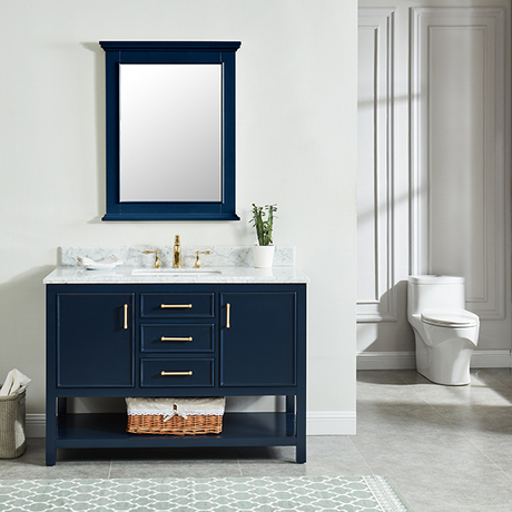 Manhattan 48-in Vanity Combo in Navy Blue with 1in Thichness Authentic Italian Carrara Marble Top - PlusV2.0