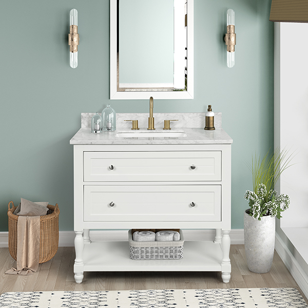 Elizabeth 36-in Vanity Combo in Dove White with 1in Thichness Authentic Italian Carrara Marble Top - PlusV2.0