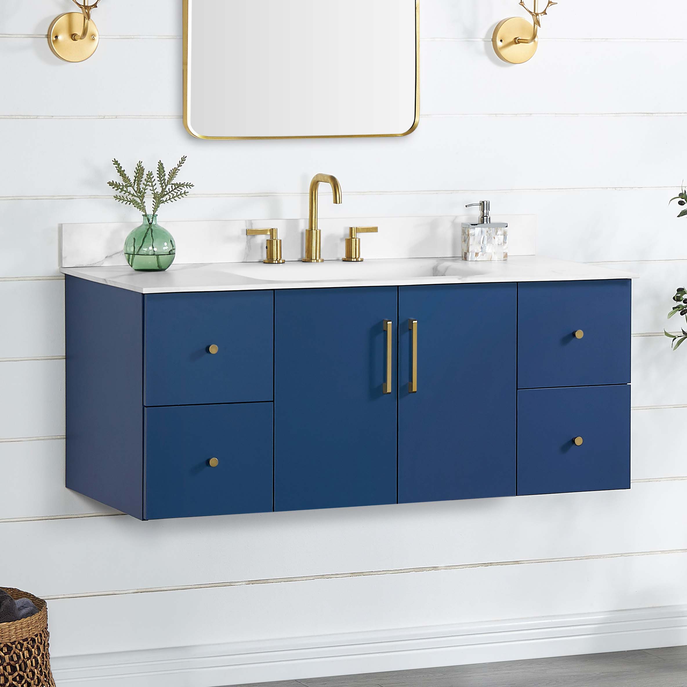 Frazee 48-in Wall Mount Vanity Combo in Blue with Intergrated Statuario white Sintered Stone Top