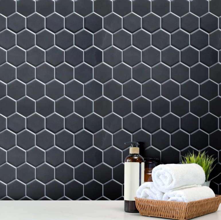 2"hex Black Satin Glazed Porcelain Mosaic Bv03223