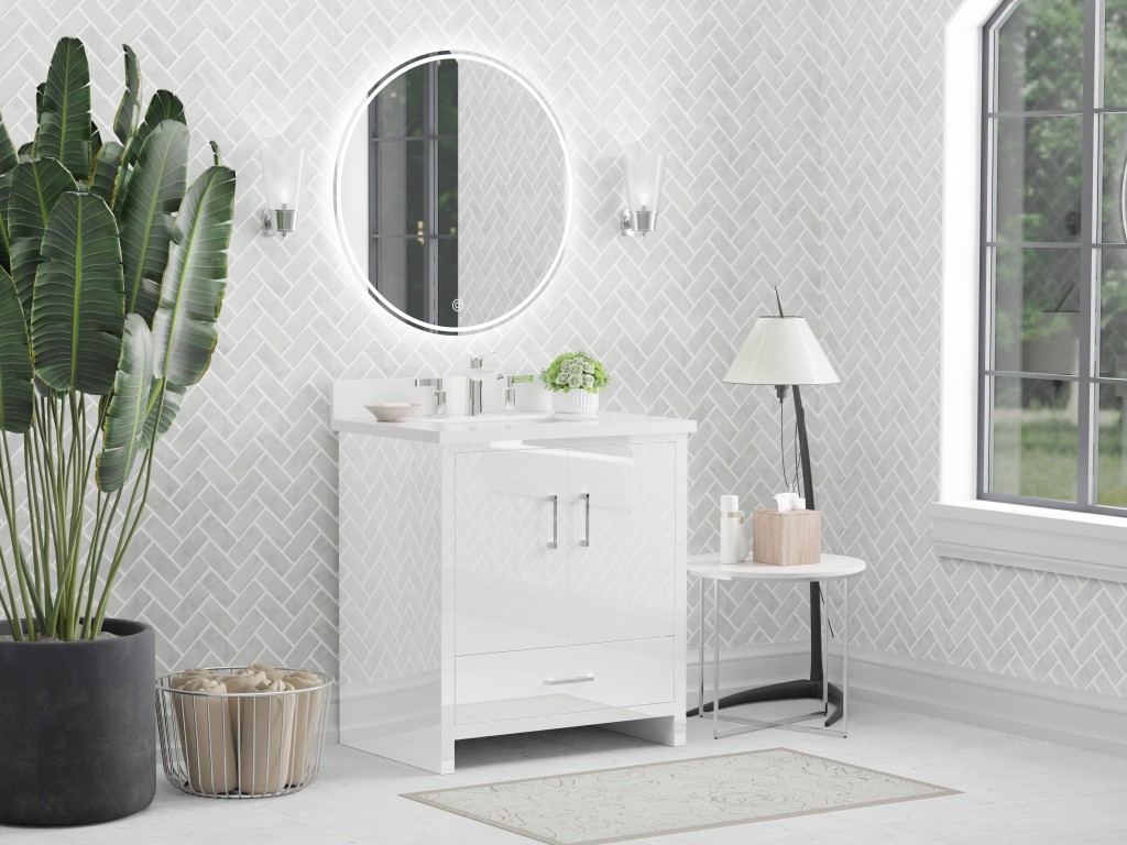 Athens 30.5 -in Vanity Combo White With 3cm thickness Swan White Sintered Stone(Polished) Top