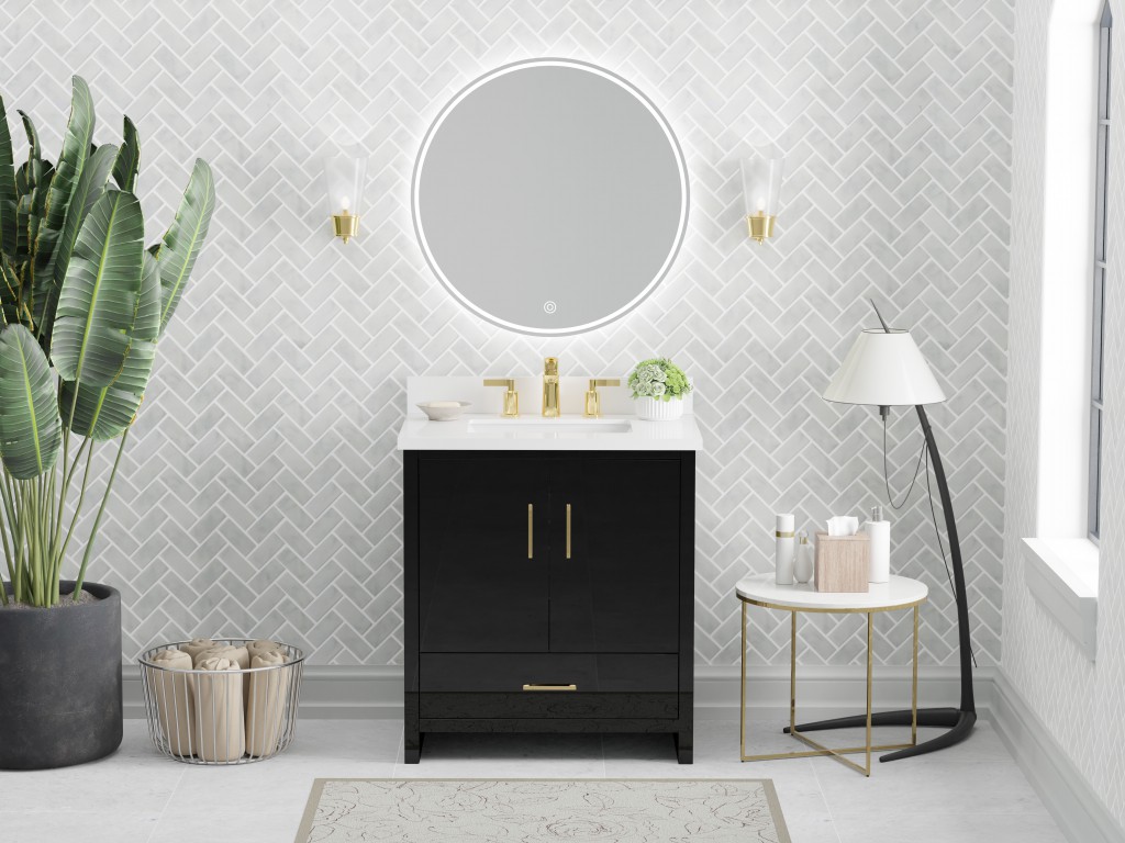 Athens 30.5 -in Vanity Combo Black With 3cm thickness Swan White Sintered Stone(Polished) Top