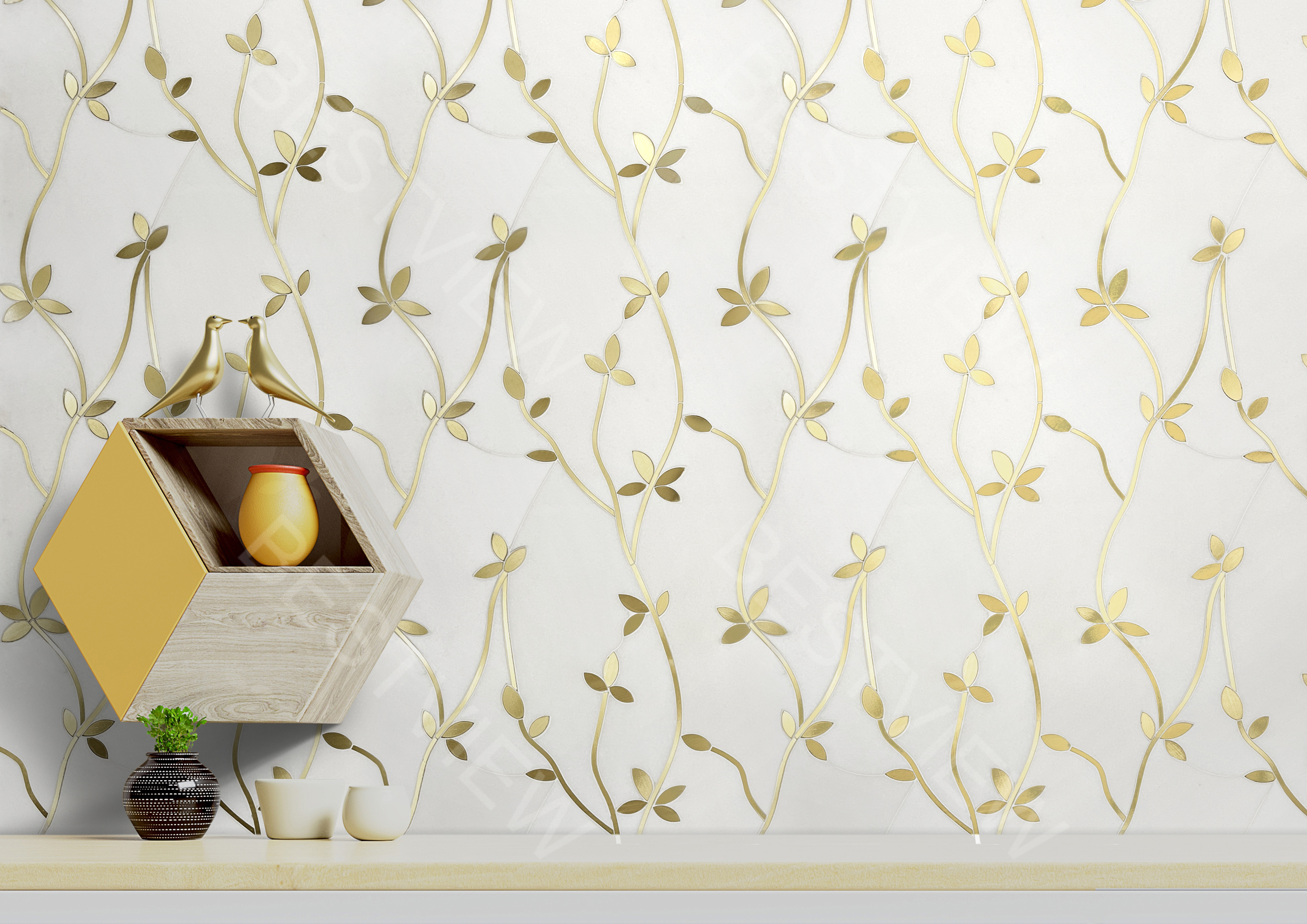 Thassos Marble Waterjet Mosaic With Brass Floral Design