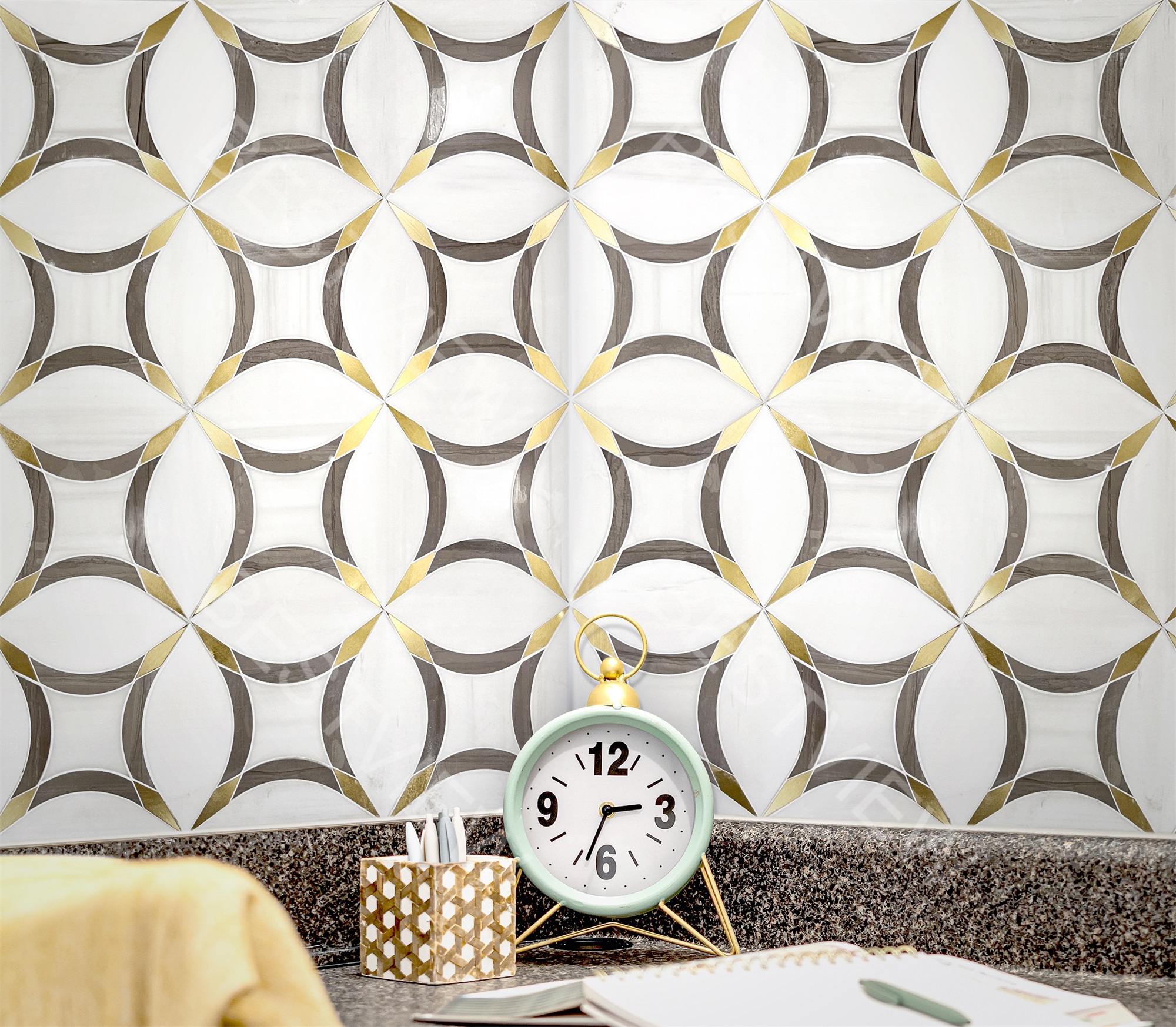 DOLOMITE AND ATHENS GREY MARBLE WITH BRASS WATERJET MOSAIC 000545