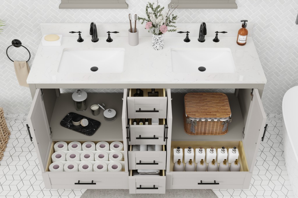Beckville 60-in Vanity Combo Natural Wooden with White Quartz Top 
