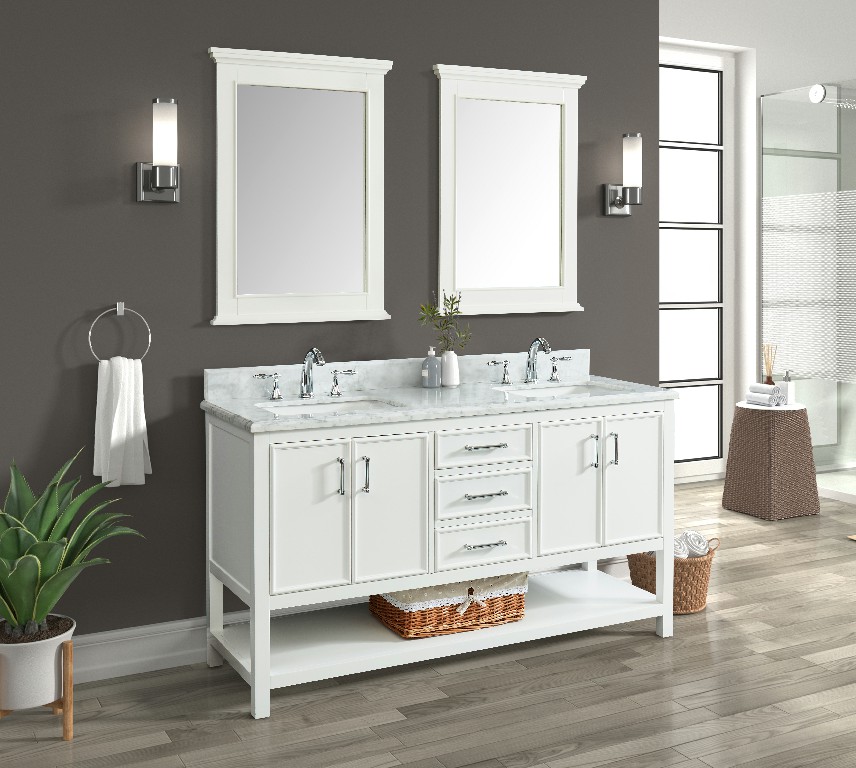 Manhattan 60-in Vanity Combo in White with 1in Thichness Authentic Italian Carrara Marble Top - PlusV2.0