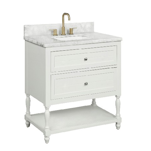 Elizabeth 30-in Vanity Combo in Dove White with 1in Thichness Authentic Italian Carrara Marble Top - Plus V2.0