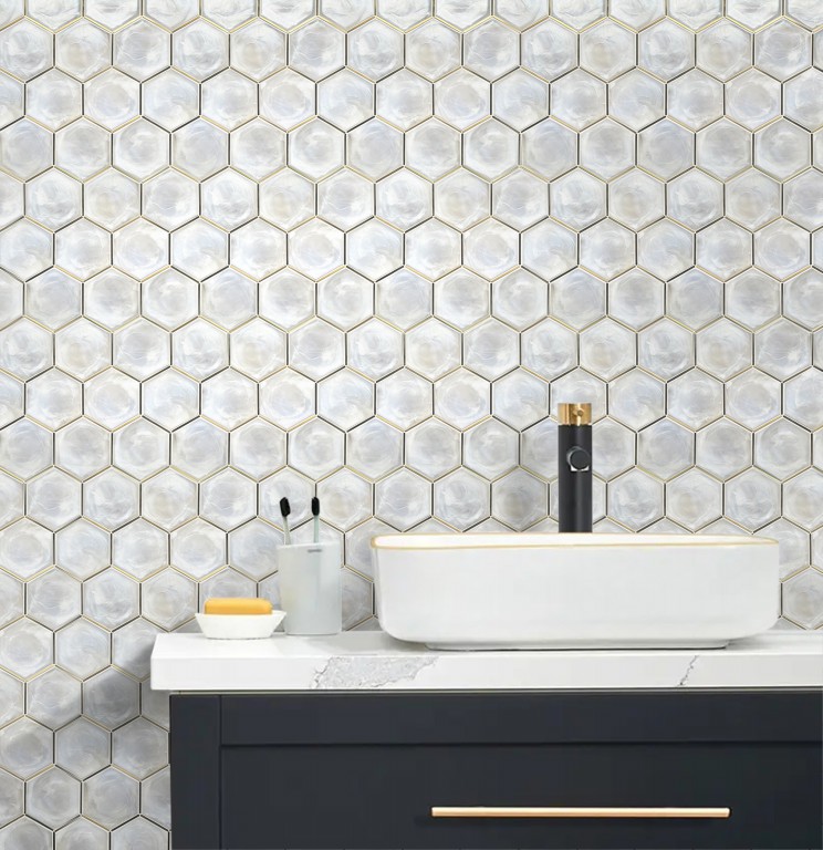  WHITE HOT GLASS WITH METAL MOSAIC 6”HEXAGON 