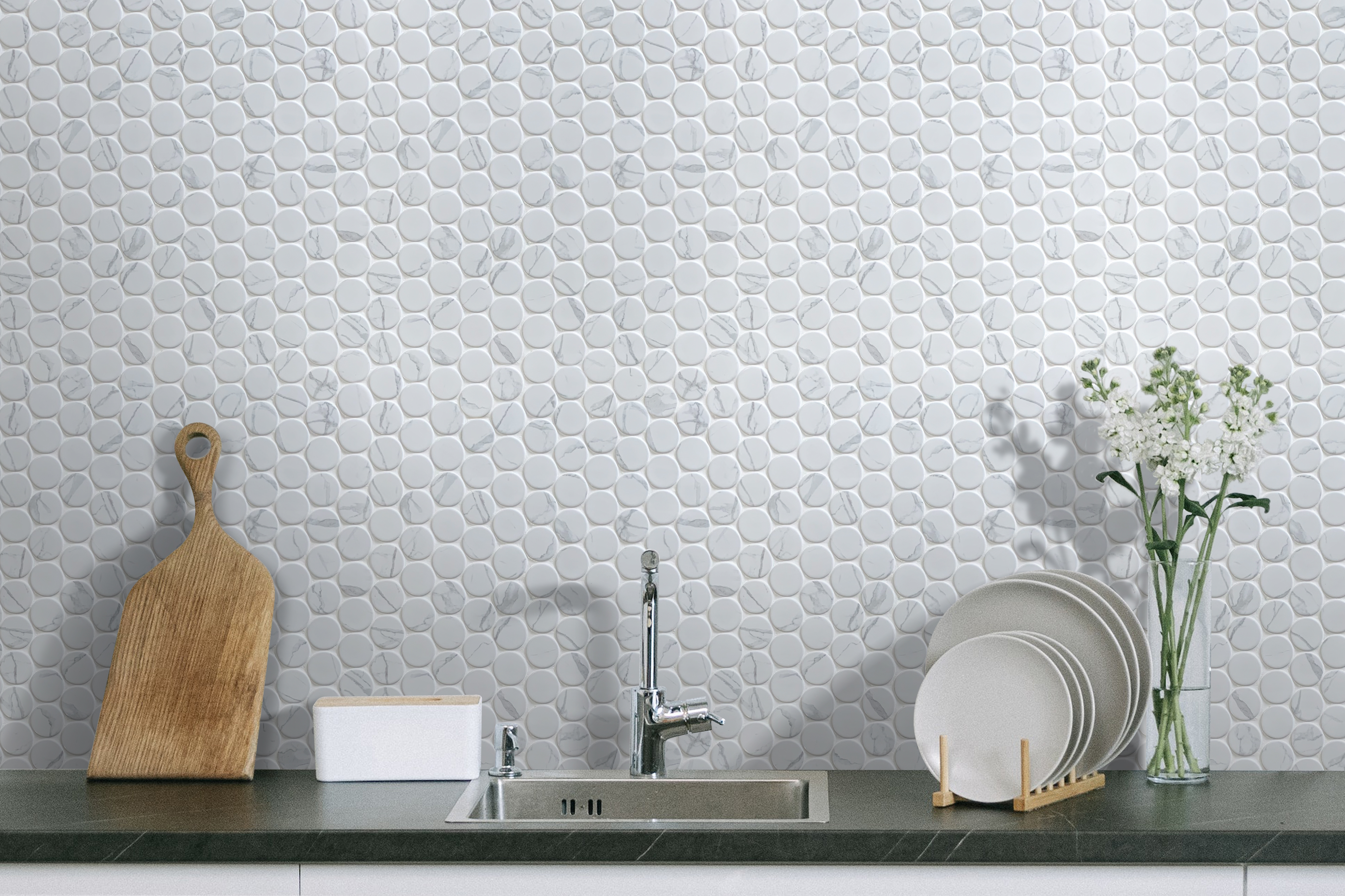 D 48mm Statuario White Inkjet Matte Glazed Penny Round Porcelain Mosaic 000724