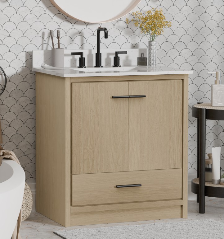 Leesville 30.5 -in Vanity Combo Natural Wood with White Quartz Top
