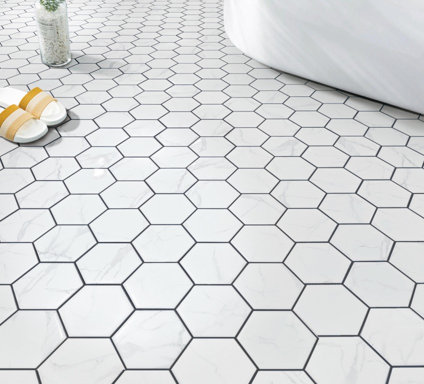 4" Hexagon Statuario White Inkjet Matte Glazed Porcelain Matte Mosaic 000725