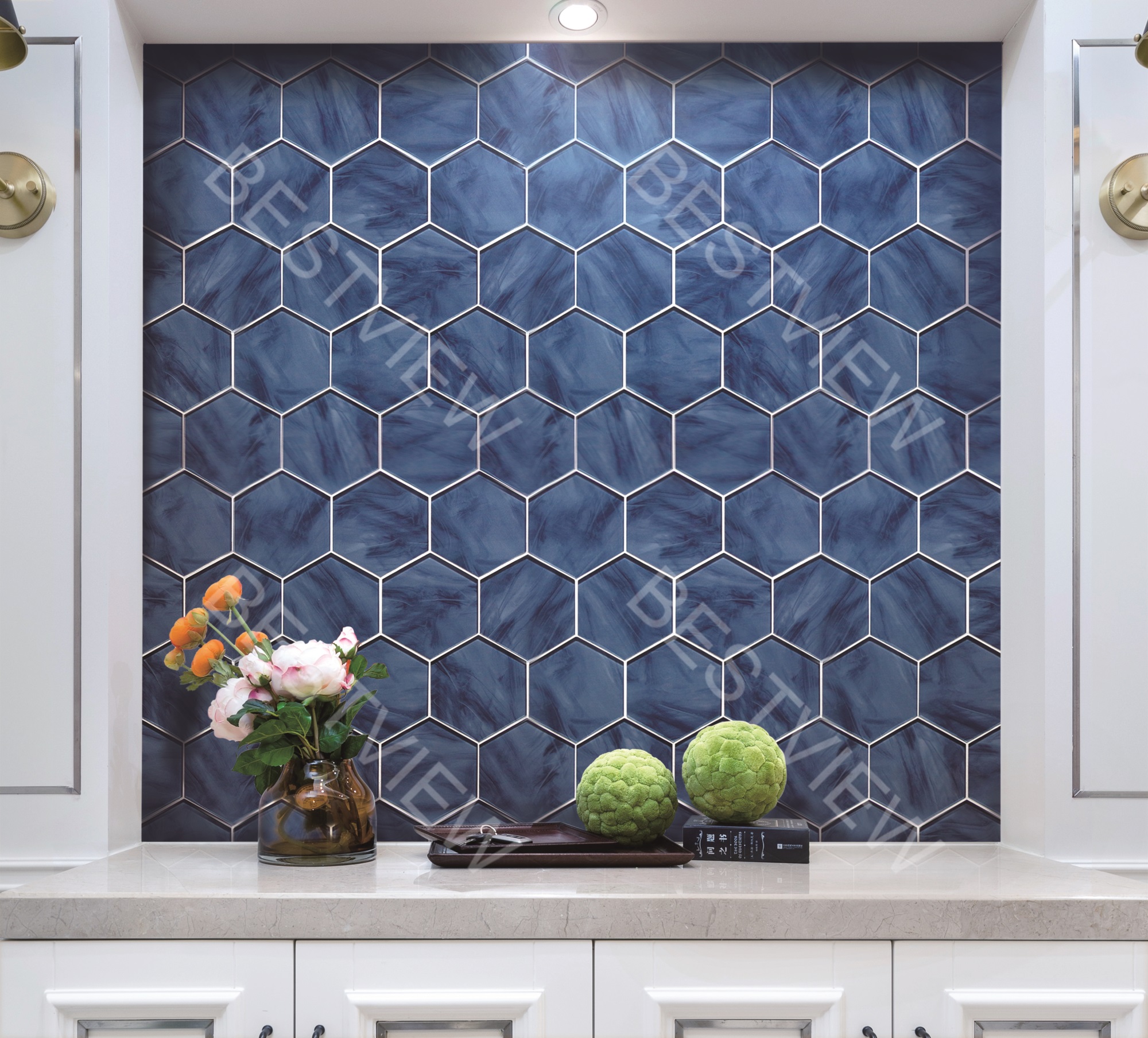  BLUE INKJET GLASS MOSAIC 6" HEXAGON