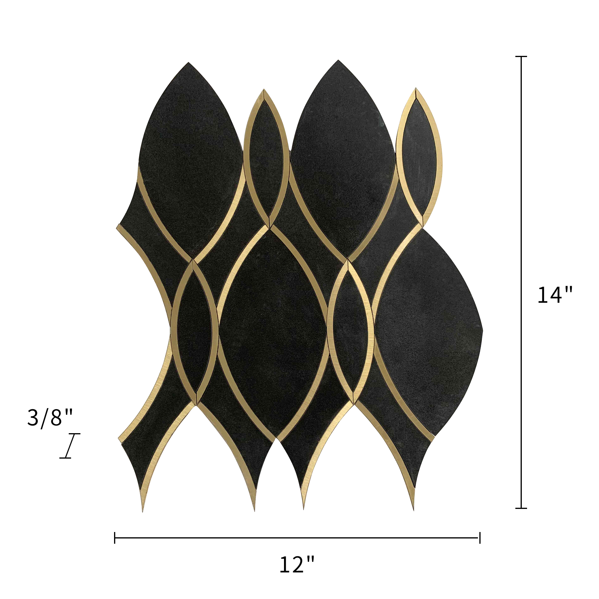 Gold Ribbons - Black Porcelain with Gold Metal Accents Waterjet Mosaic