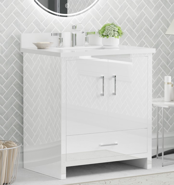 Athens 30.5 -in Vanity Combo White With 3cm thickness Swan White Sintered Stone(Polished) Top
