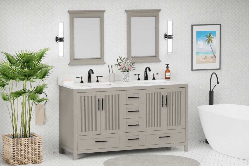 Beckville 60-in Vanity Combo Natural Wooden with White Quartz Top 