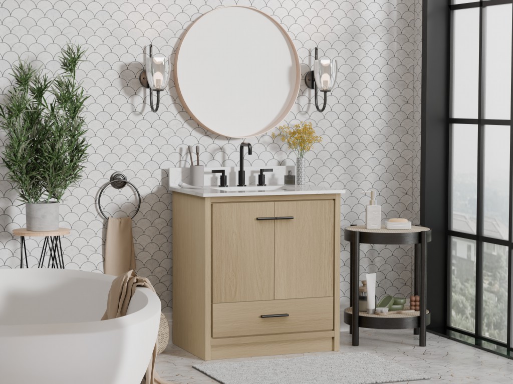 Leesville 30.5 -in Vanity Combo Natural Wood with White Quartz Top