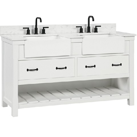 Farmington 60-in Vanity Combo in White with 1in Thichness Authentic Italian Carrara Marble Top - PlusV2.0