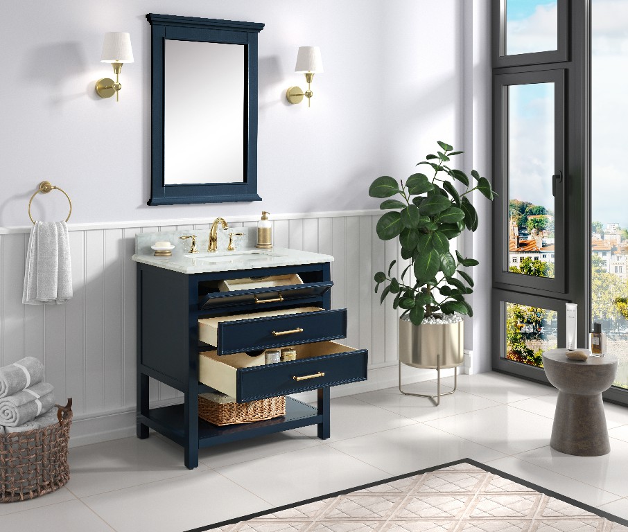 Manhattan 30-in Vanity Combo in Navy Blue with 1in Thichness Authentic Italian Carrara Marble Top - PlusV2.0