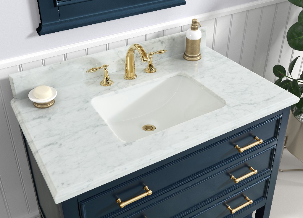 Manhattan 36-in Navy Blue Single Sink Bathroom Vanity with Carrara White Natural Marble Top- V1.0