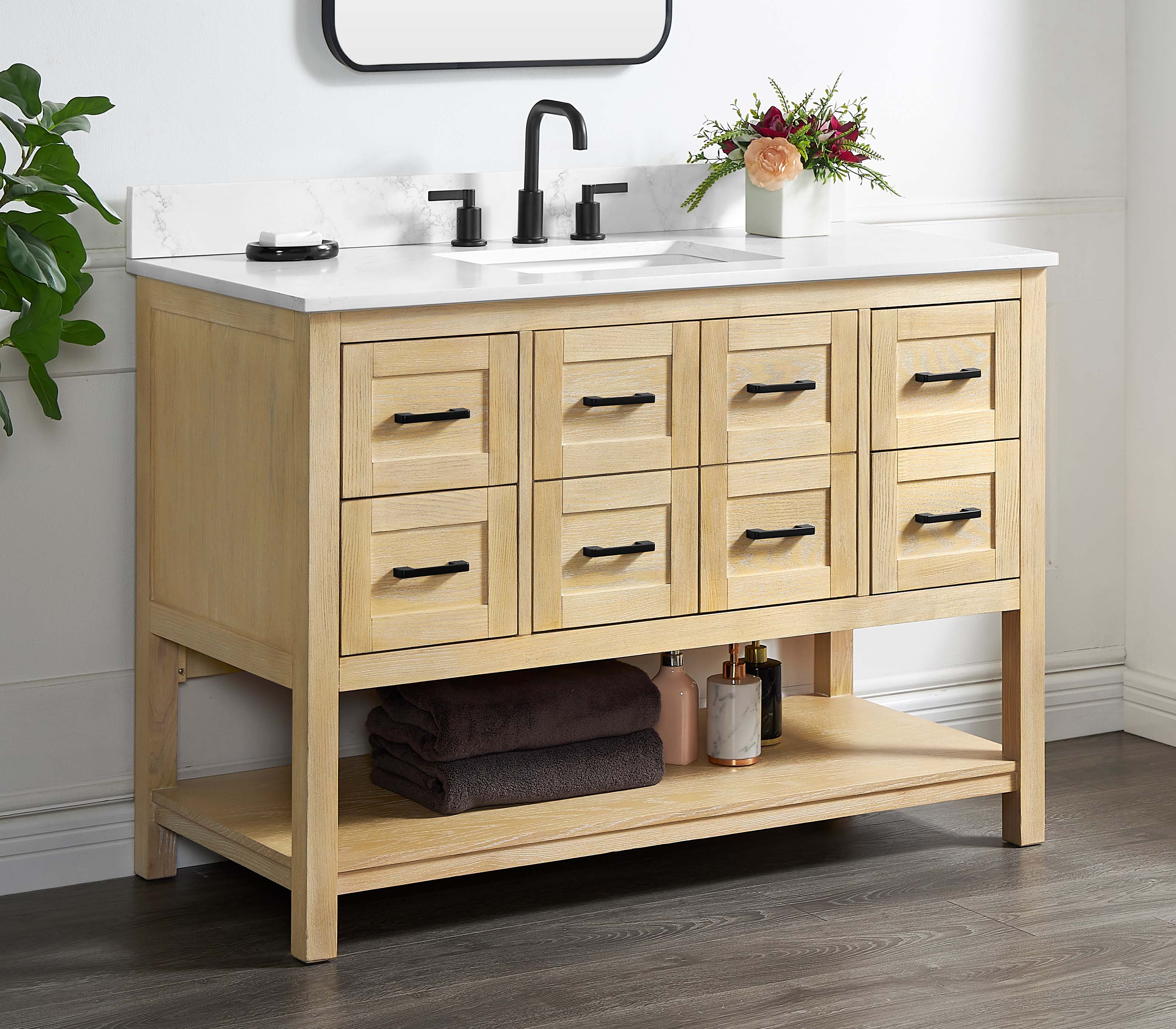 Lamoure 48-in Vanity Combo in Natural oak with Empir white quartz top