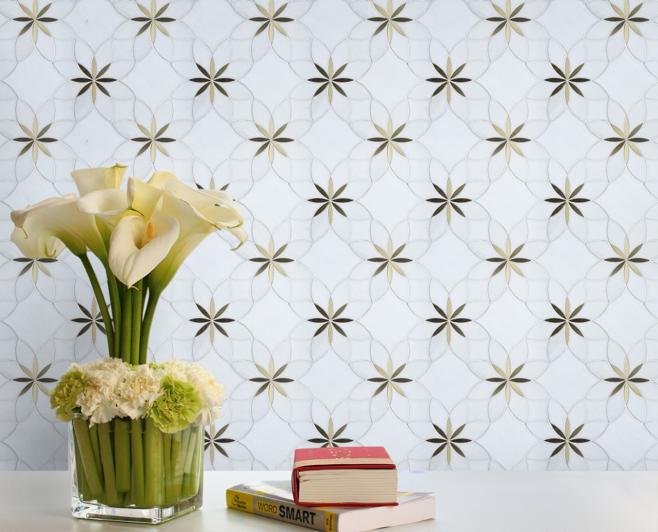 DOLOMITE MARBLE WITH BRASS WATERJET MOSAIC 000750