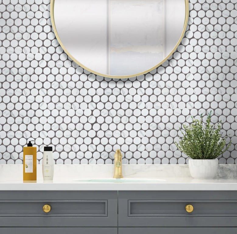 D 48mm Statuario White Inkjet Matte Glazed Penny Round Porcelain Mosaic 000724