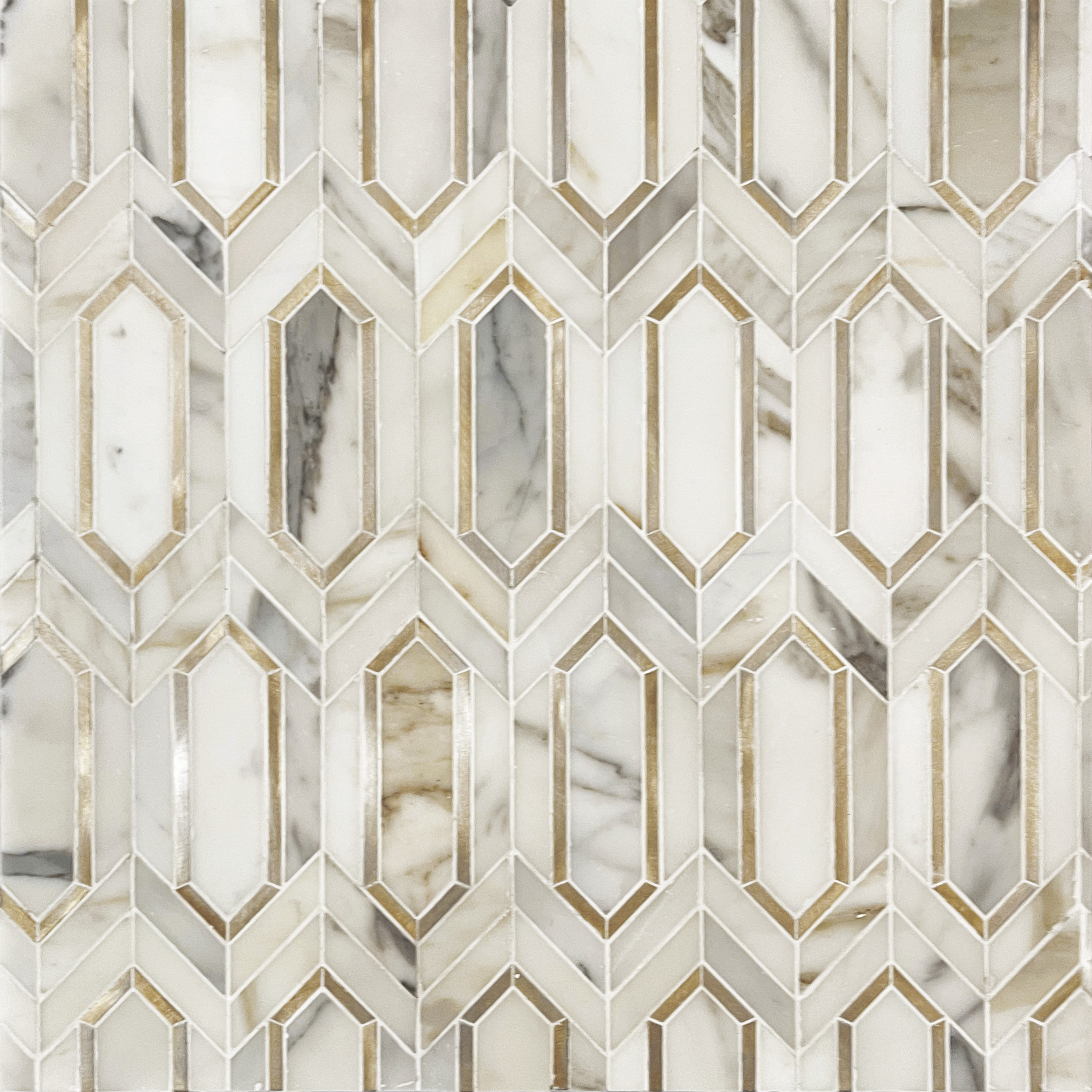 Calacatta Gold with Golden Metal Waterjet Mosaic Elongated Hexagon