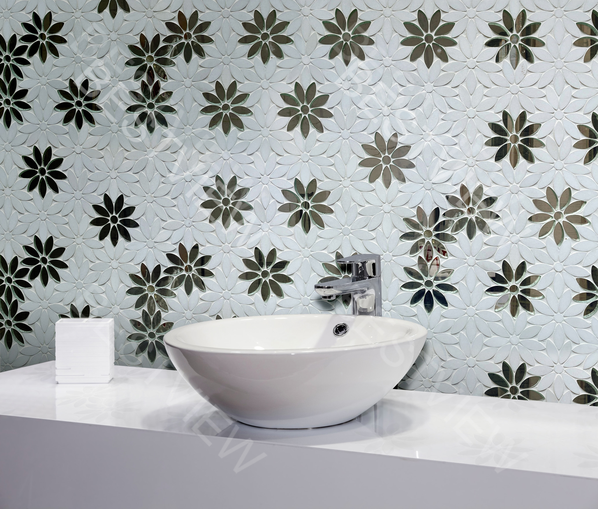 Thassos Marble With Antique Mirror Mosaic Flower