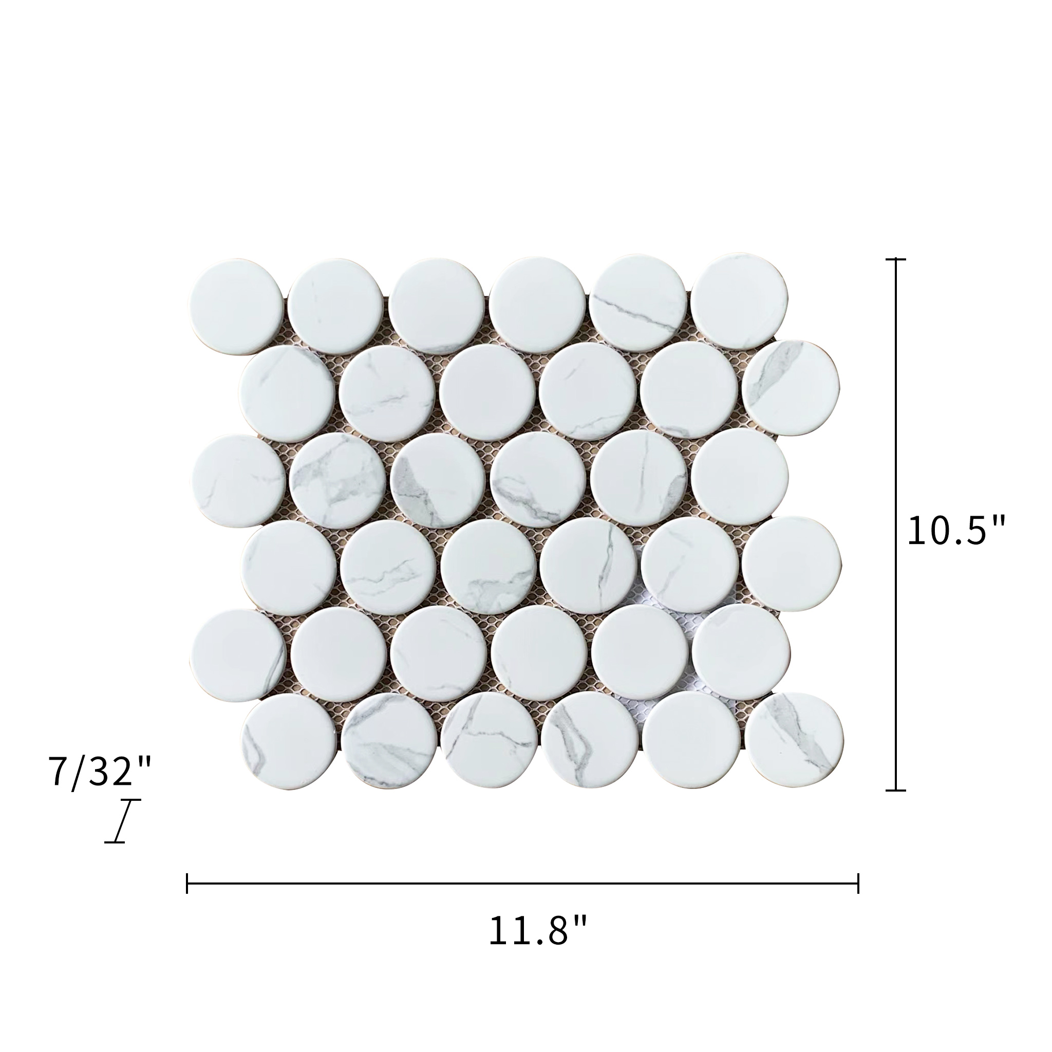 D 48mm Statuario White Inkjet Matte Glazed Penny Round Porcelain Mosaic 000724