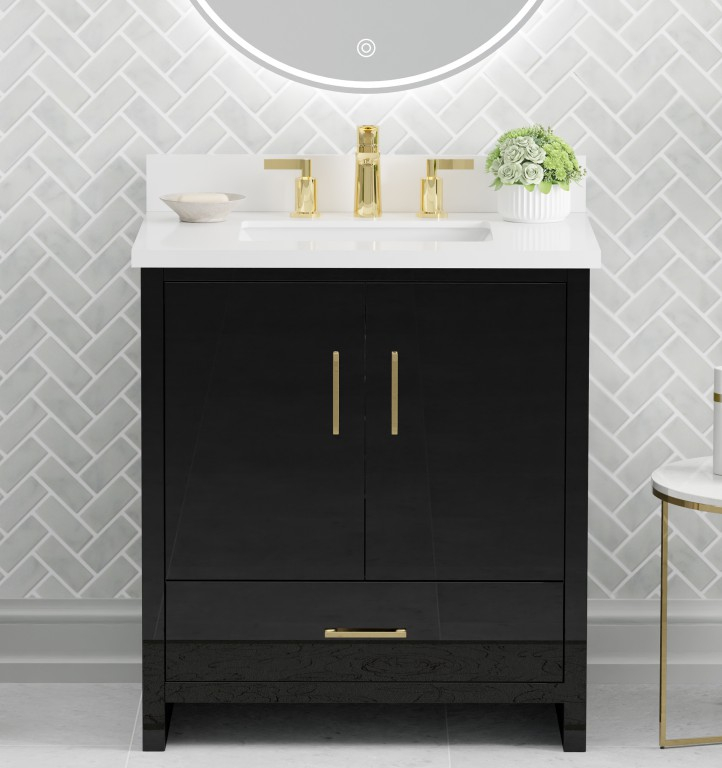 Athens 30.5 -in Vanity Combo Black With 3cm thickness Swan White Sintered Stone(Polished) Top