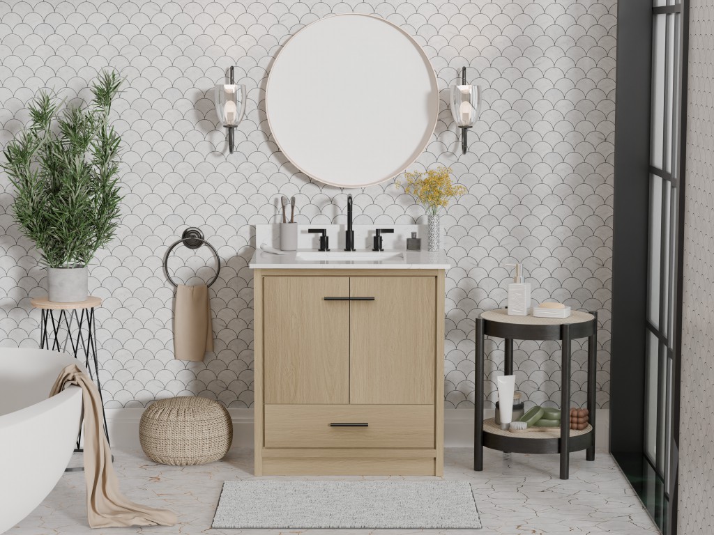 Leesville 30.5 -in Vanity Combo Natural Wood with White Quartz Top
