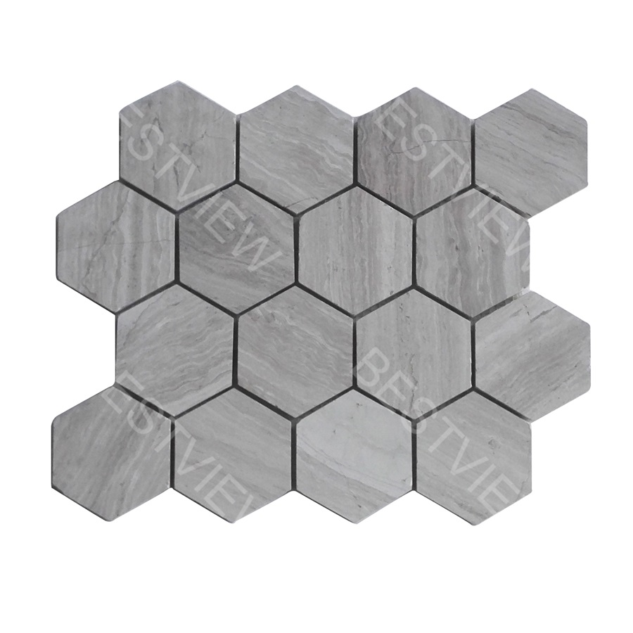Wooden White Mosaic Honed 3" Hexagon 
