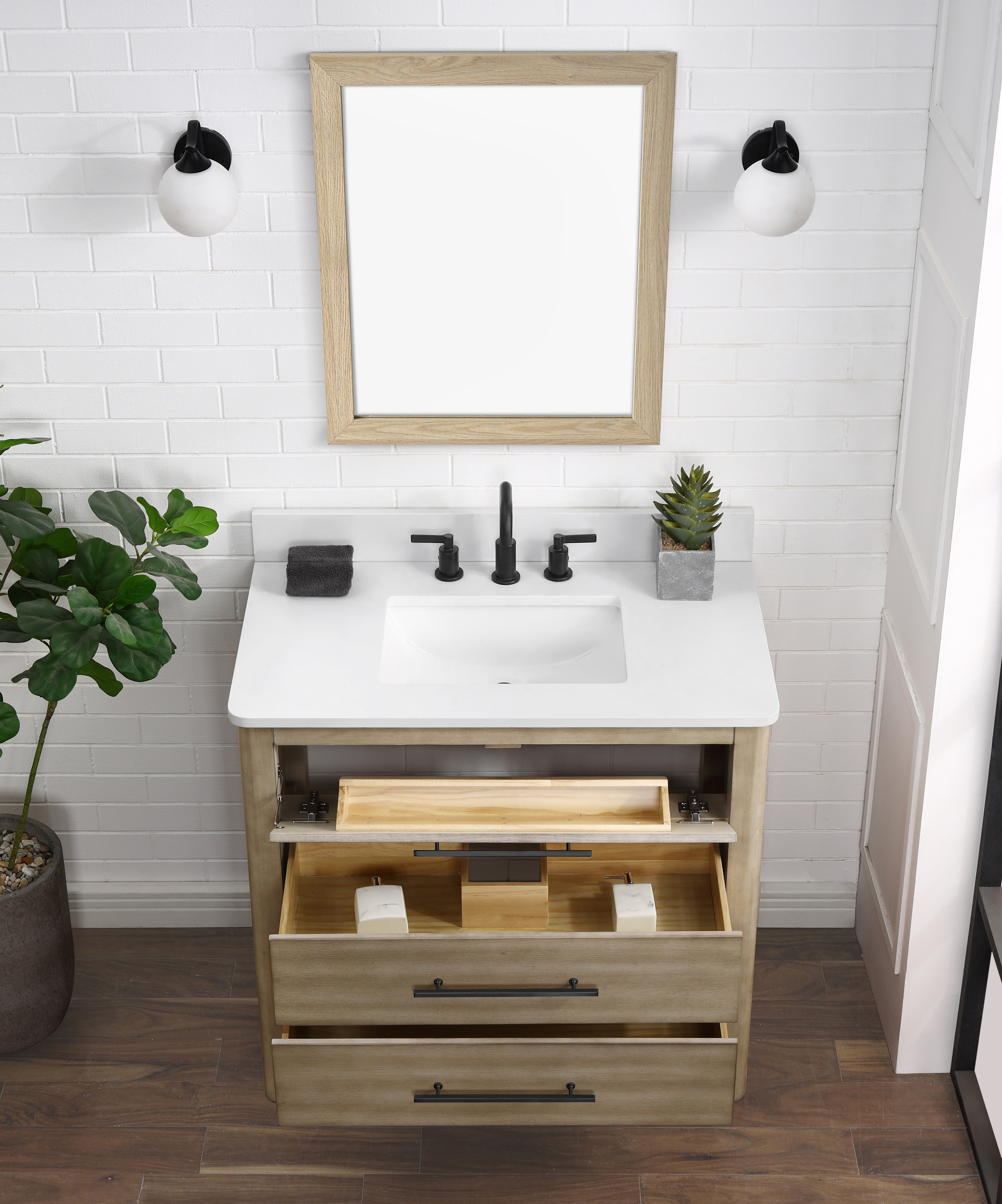 Safford 36-in Vanity Combo Light Wooden with Snow White Quartz Top