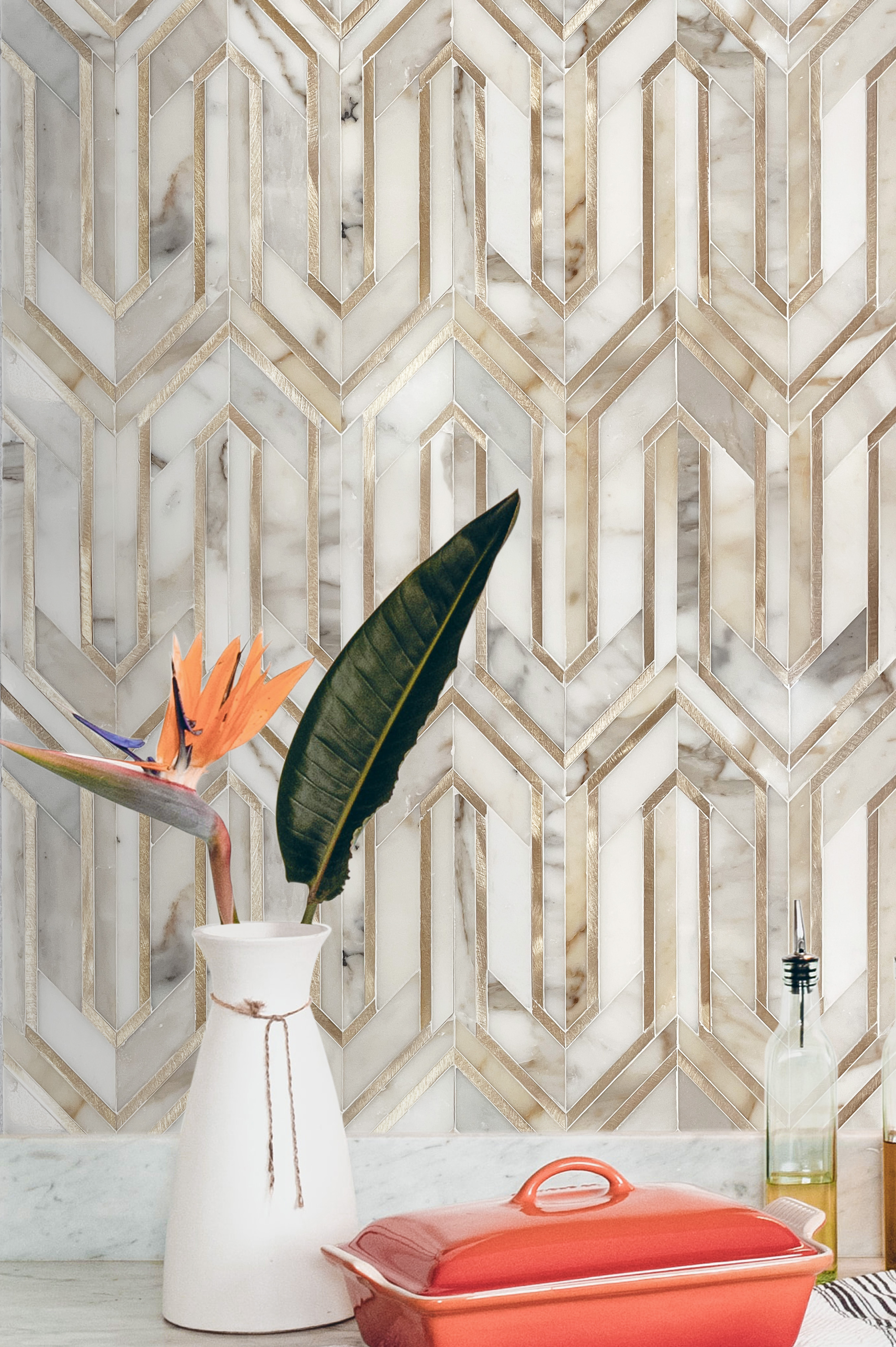 Calacatta Gold with Golden Metal Waterjet Arrow 