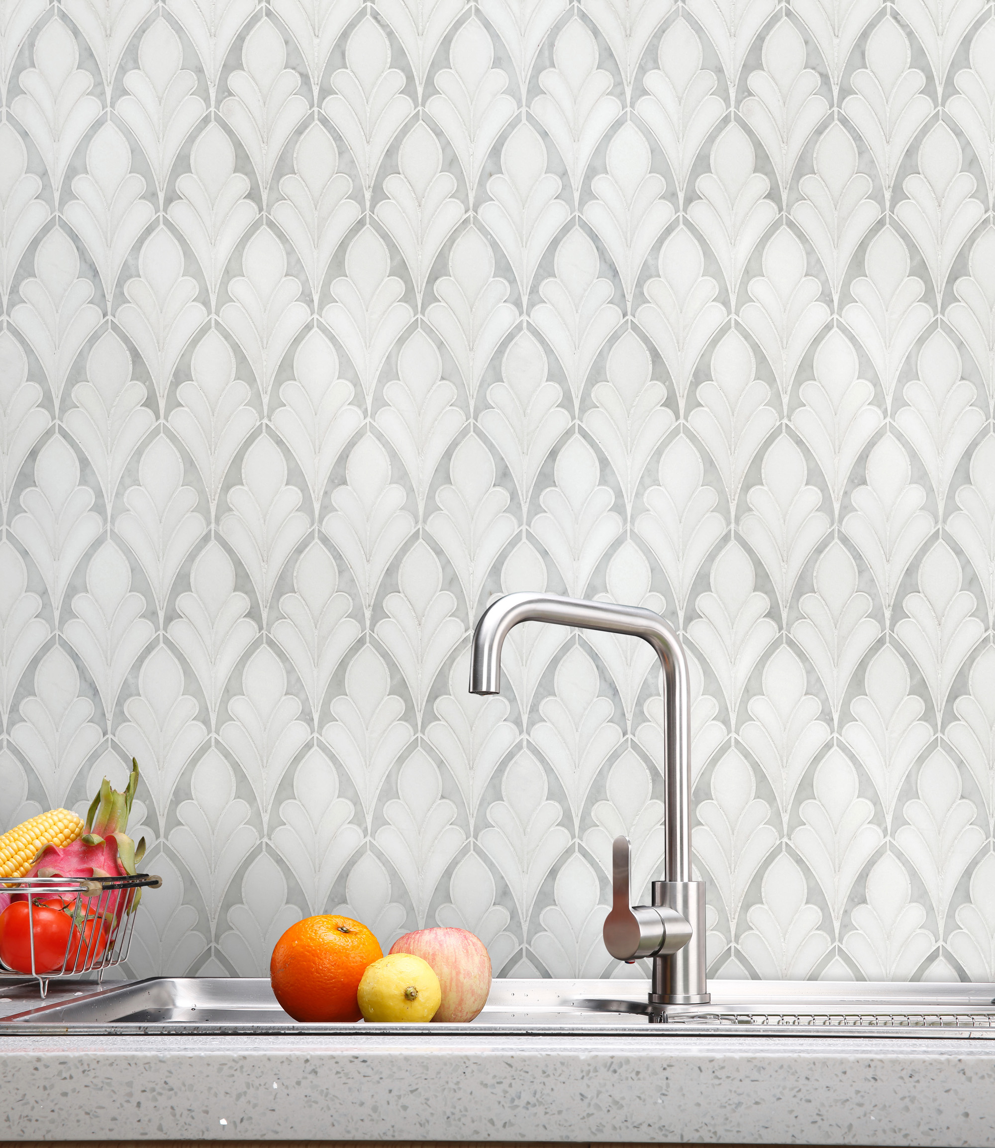 Carrar And Thassos Whiter Floral Waterjet Mosaic