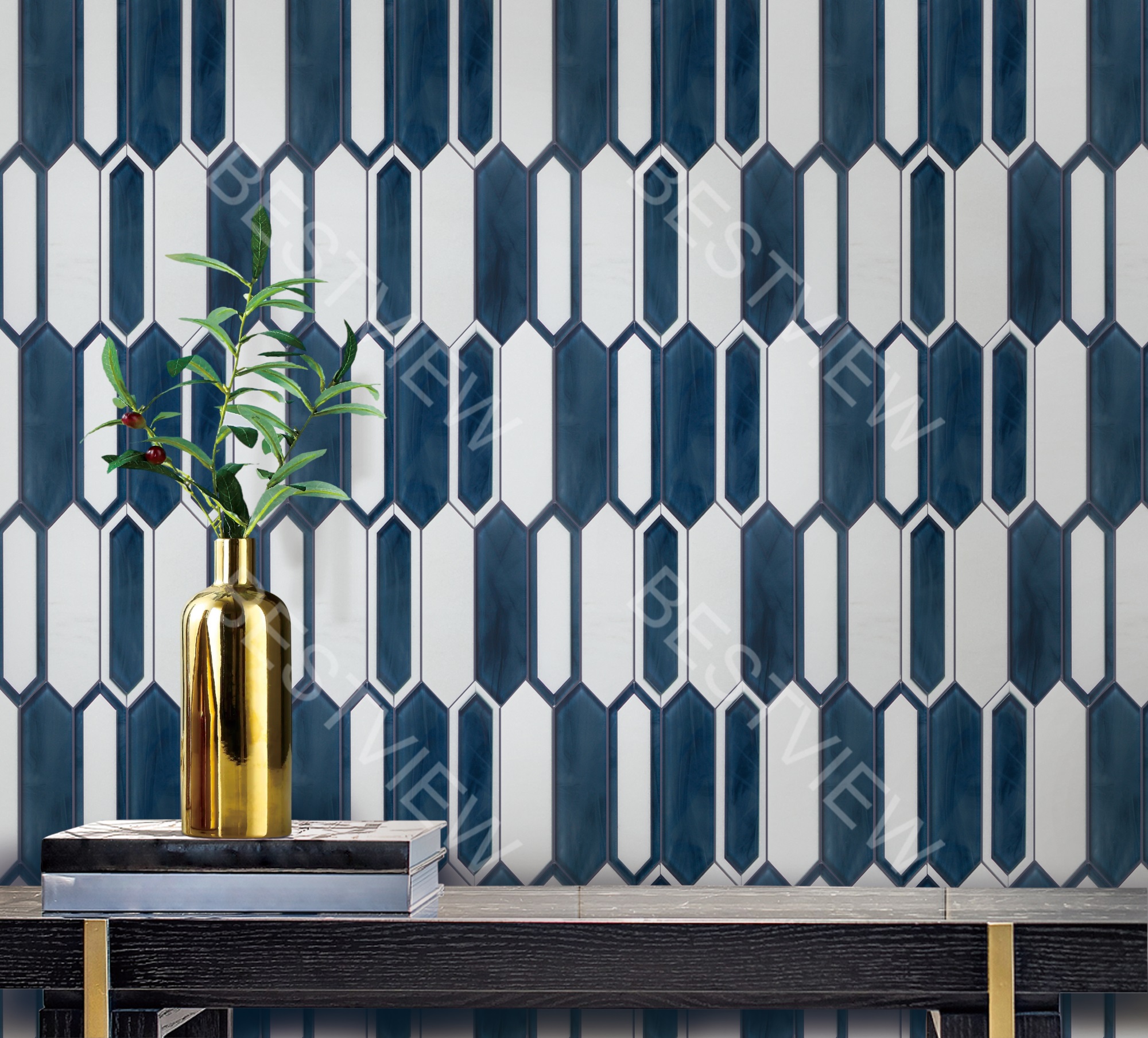  THASSOS MARBLE WITH INKJET GLASS MOSAIC 000740 