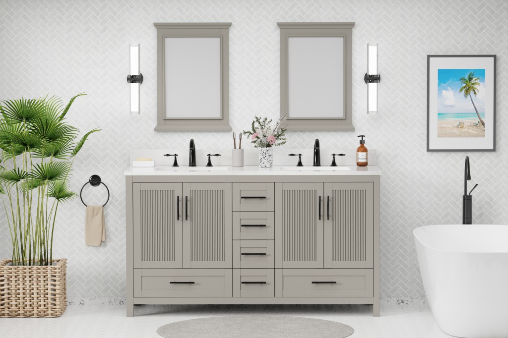 Beckville 60-in Vanity Combo Natural Wooden with White Quartz Top 