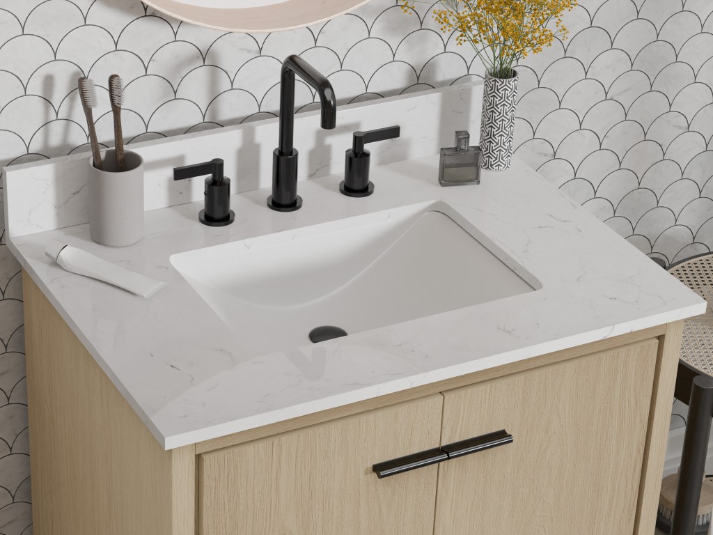 Leesville 30.5 -in Vanity Combo Natural Wood with White Quartz Top