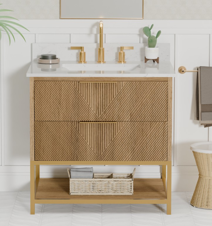 Waymart 30.5 -in Vanity Combo Brown Oak with White Quartz Top