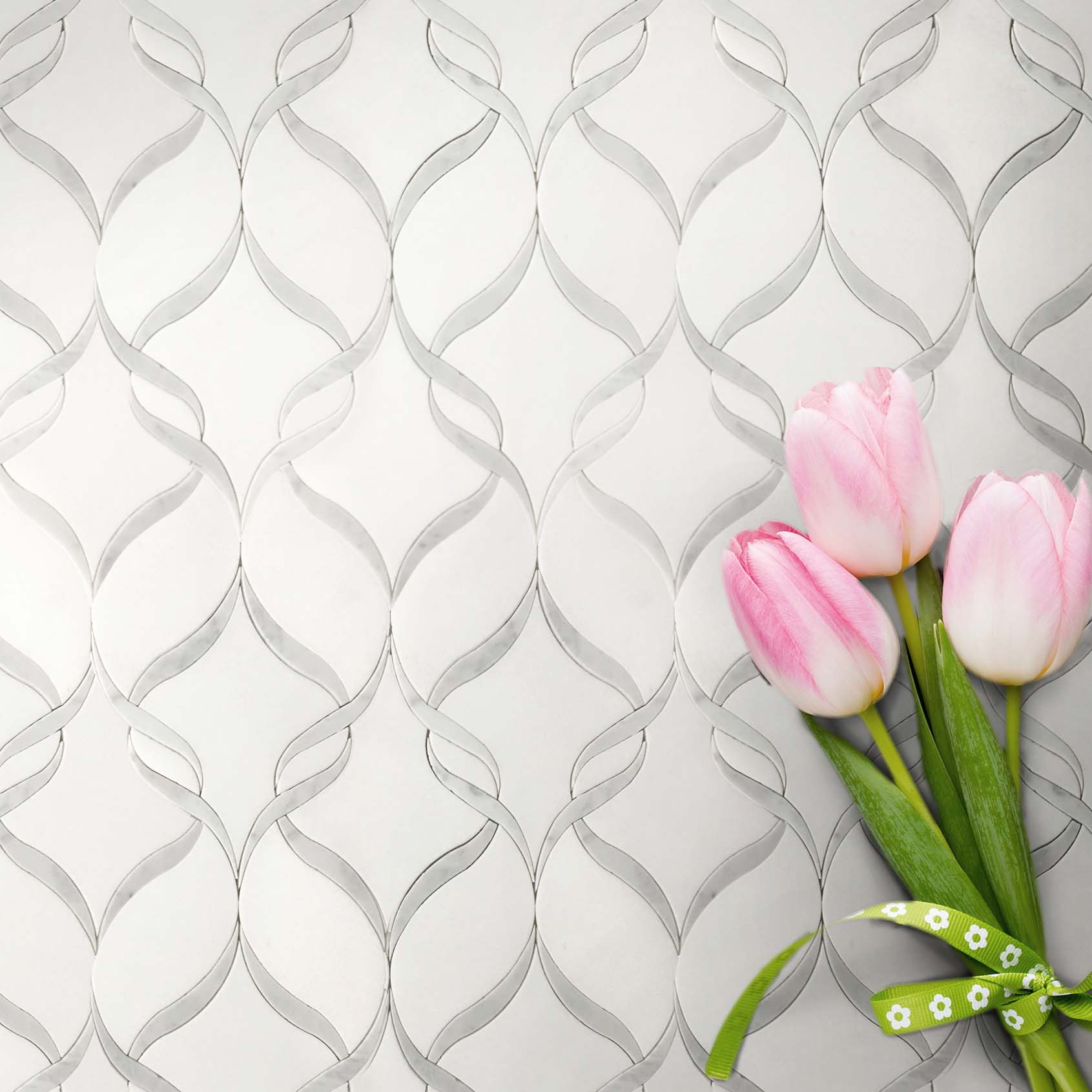 Carrara White & Thassos White Waterjet Mosaic Soft Ribbons