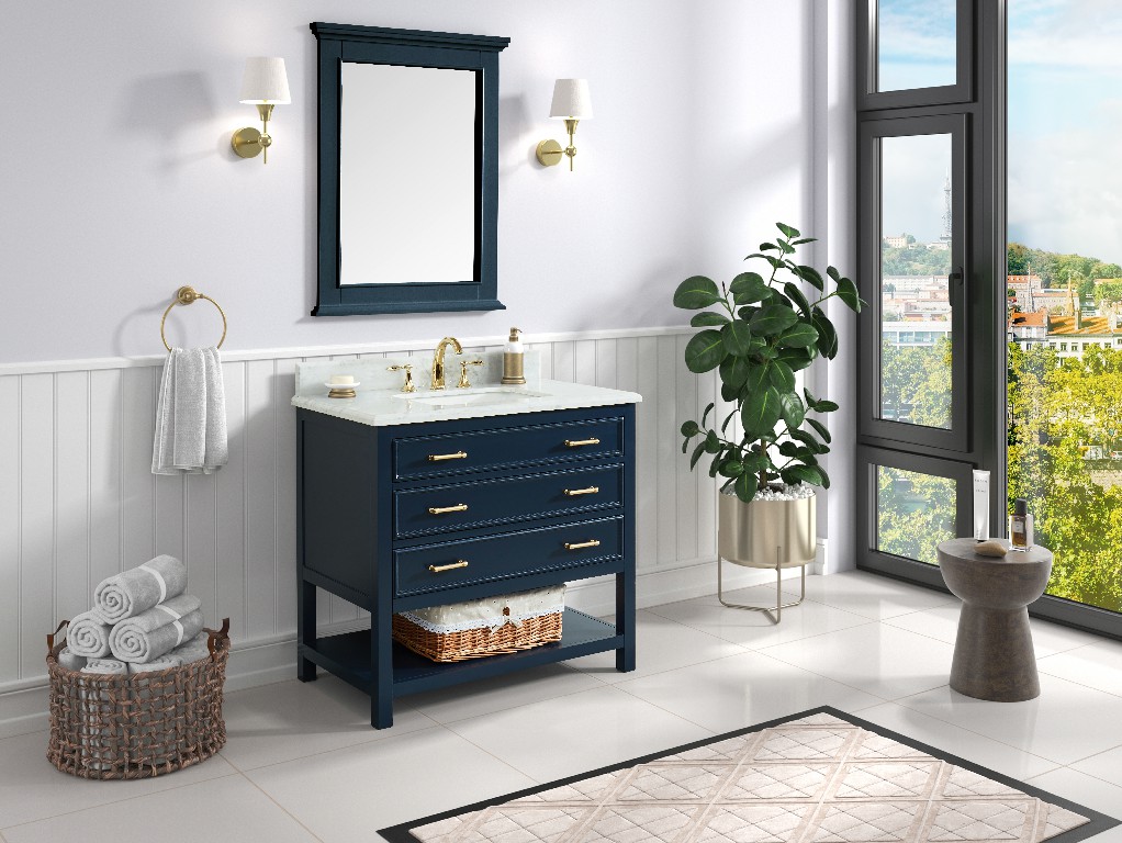 Manhattan 36-in Navy Blue Single Sink Bathroom Vanity with Carrara White Natural Marble Top- V1.0