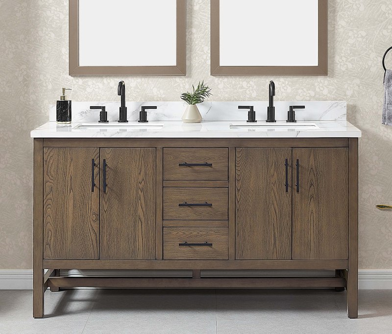 Solon 60-in Vanity Combo Antique Elm with Calacatta Sintered Stone Top