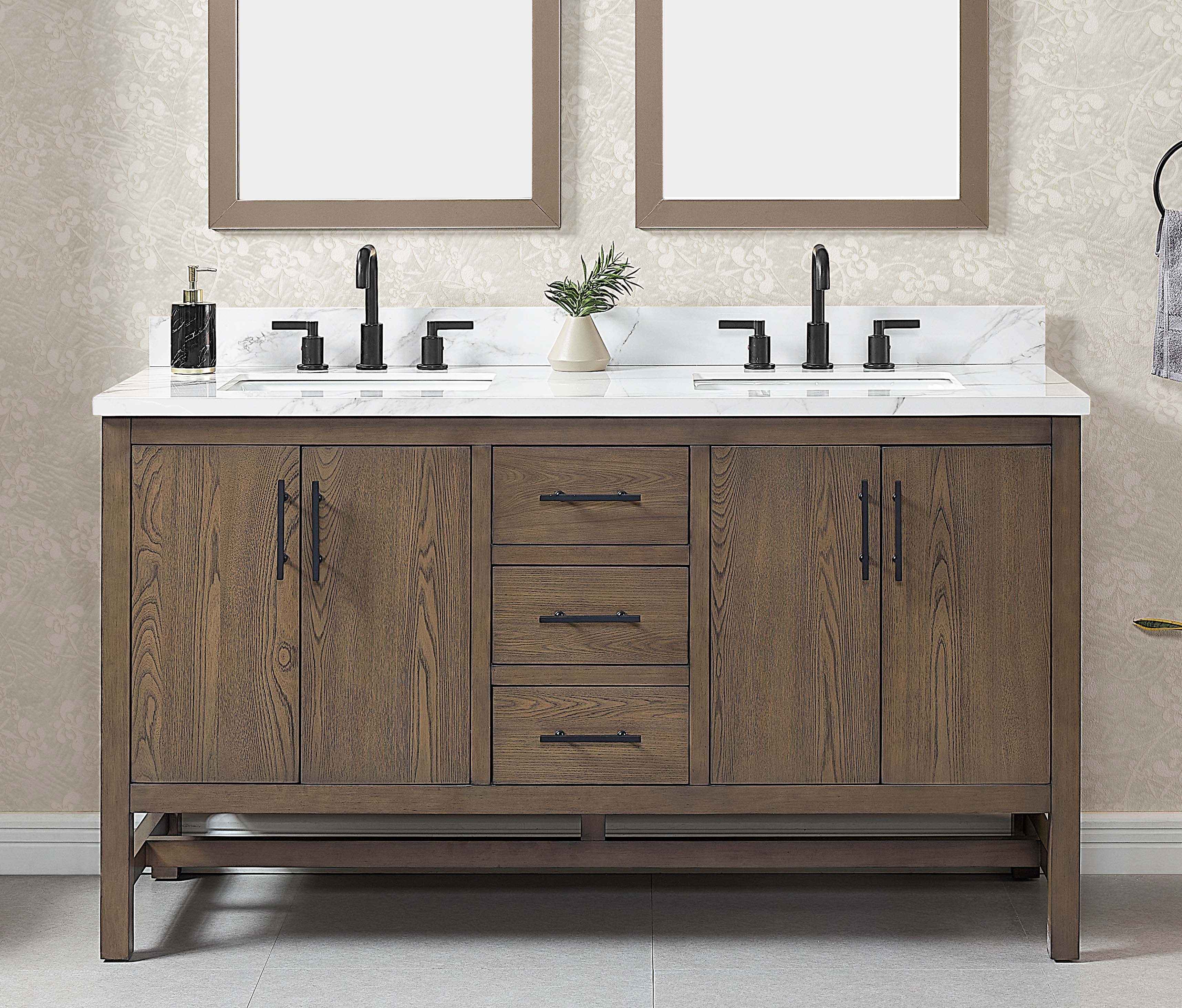 Solon 60-in Vanity Combo Antique Elm with Calacatta Sintered Stone Top