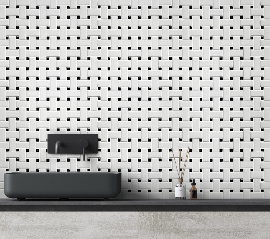 Satin Glazed White + Glossy Black Basketweave Porcelain Mosaic 000722