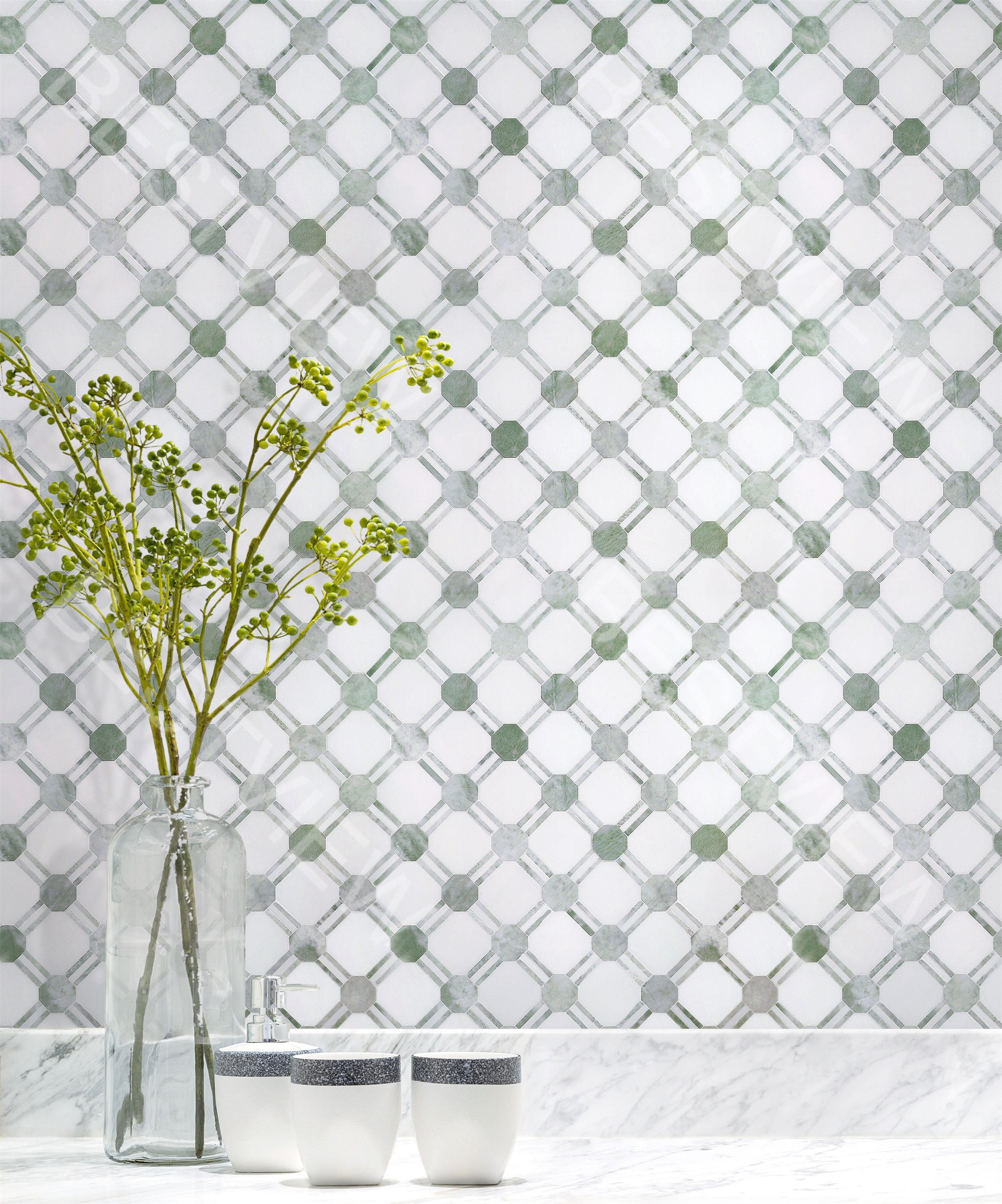 Thassos with New Green Marnle Waterjet Mosaic 001307