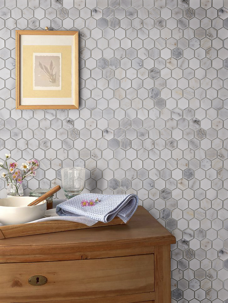  Oriental White Mosaic Honed 1" Hexagon 