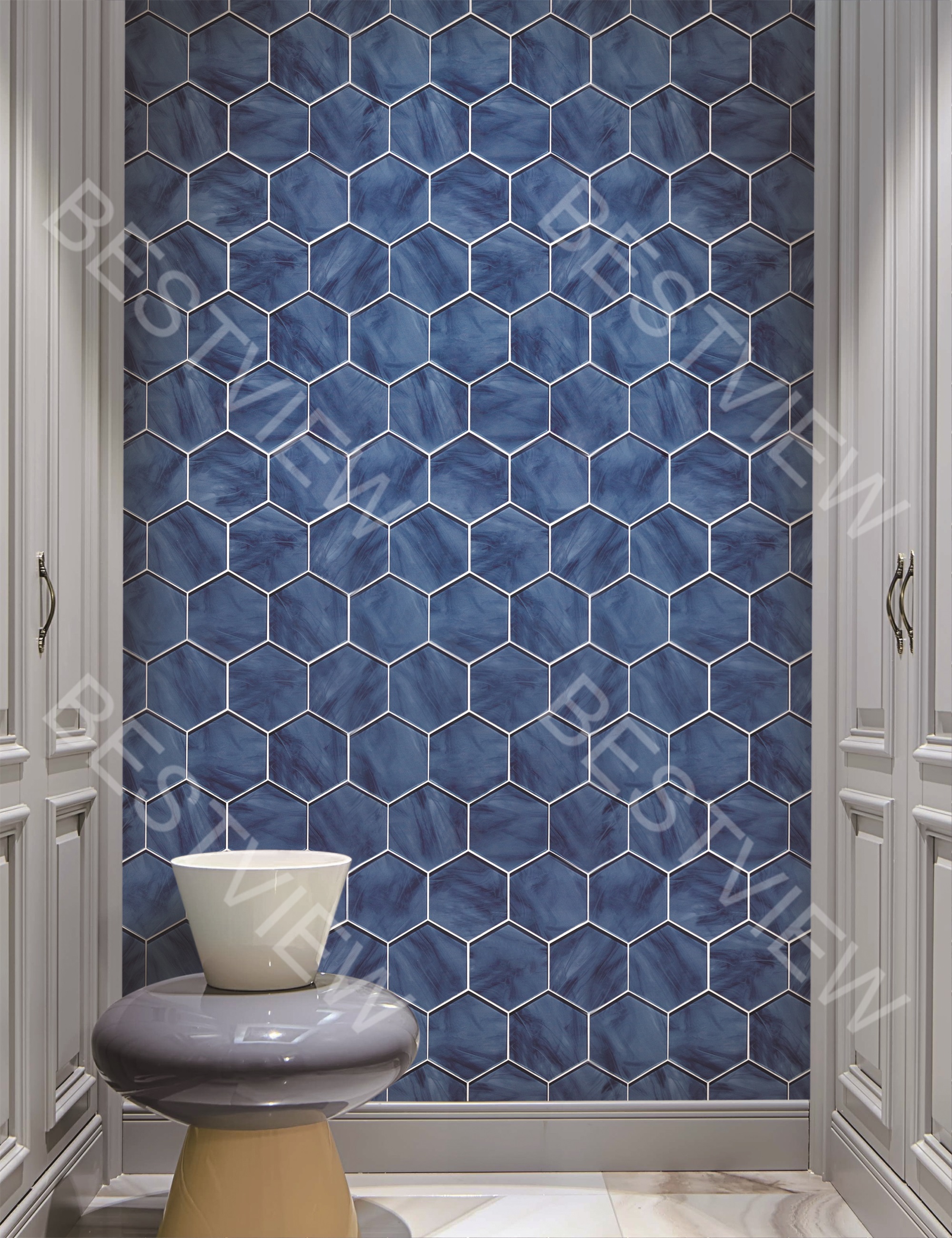  BLUE INKJET GLASS MOSAIC 6" HEXAGON